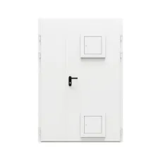 Дверь противопожарная металлическая сплошная двупольная дымогазонепроницаемая неравнопольная угловая коробка типа ДПР-Олимп-02/60 (EIS 60) со стыковочными узлами (1350-2075, Правая, RAL 9016)